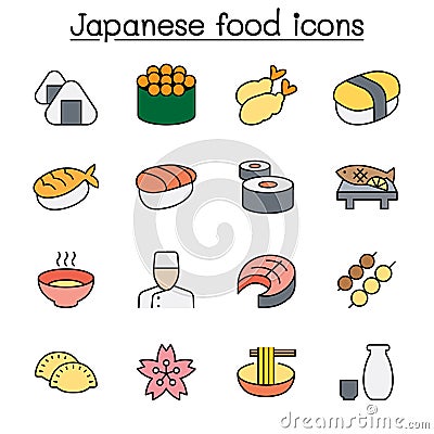 Japanese food color line icon set Vector Illustration