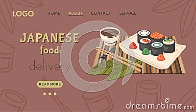 Japanese food delivery. Asian banner. National dish closeup with kawaii nigiri sushi, chopsticks, sauce, vassabi. Vector Vector Illustration