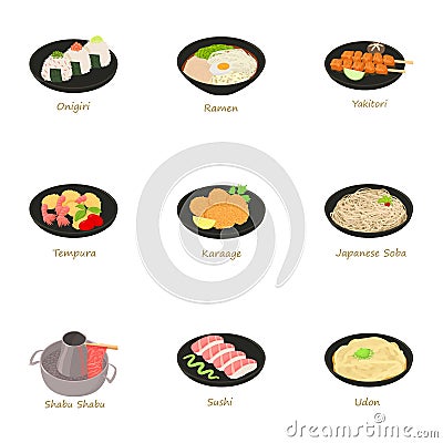 Japanese food icons set, cartoon style Vector Illustration