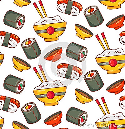 Japanese food icons sushi roll seamless vector pattern Vector Illustration