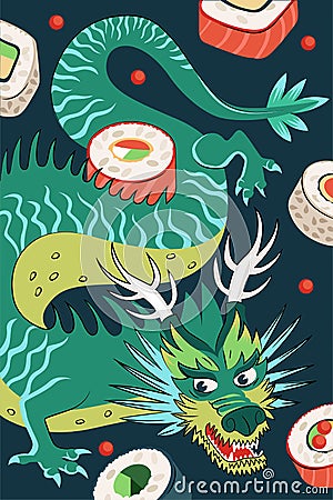 Japanese food rolls poster hand-drawn design. Japan national dish rice and raw seafood. Sushi bar advertising banner Vector Illustration