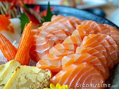 Japanese food. sashimi and sushi big set include salmon, tuna, sweet egg, squid Stock Photo