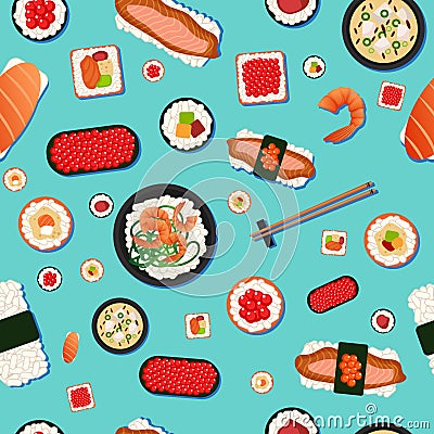 Japanese Food Seamless Pattern Sushi Cartoon Illustration