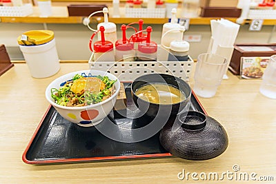Japanese food, set of gyudon, beef and egg on rice with soup Stock Photo