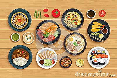 Japanese food on top view wooden background Vector Illustration