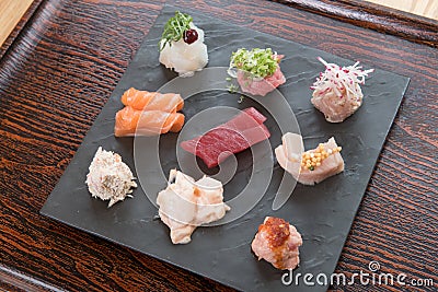 Japanese food variety set on wooden table Stock Photo