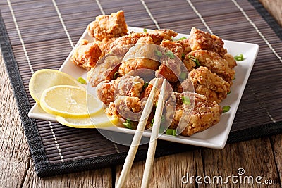 Japanese freshly prepared chicken karaage with lemon close-up on Stock Photo