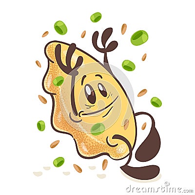 Japanese fried dumplings Gyoza. Ð¡artoon character.Surrounded by spices. On white background. Vector Vector Illustration