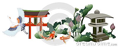 Japanese garden for banner and travel poster. Vector set with lotus, tsuru and koi carps Vector Illustration