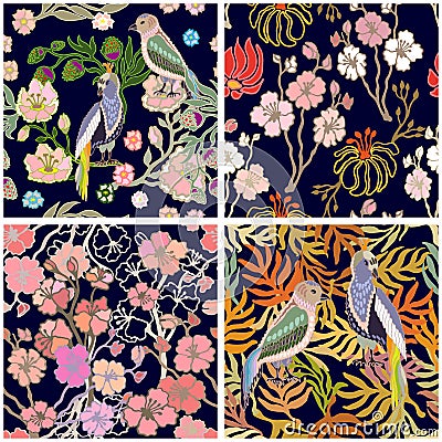 Japanese garden. Birds and flowers. Vector Illustration