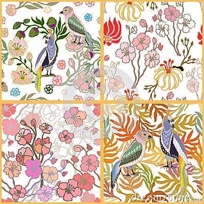 Japanese garden. Birds and flowers. Vector Illustration