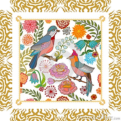 Japanese garden. Birds and flowers. Vector Illustration