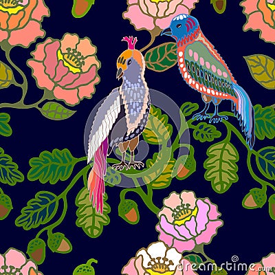 Japanese garden. Birds and flowers. Vector Illustration