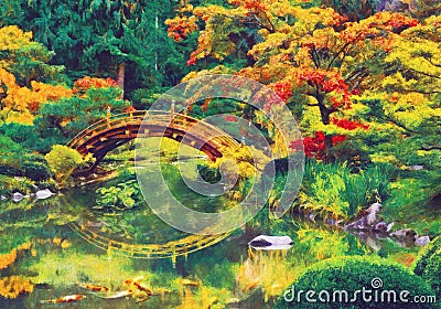 Japanese garden with bridge over a pond Stock Photo