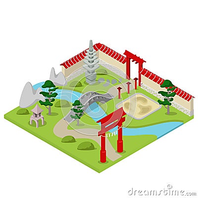 Japanese garden city building bonsai flat 3d isometric vector Vector Illustration