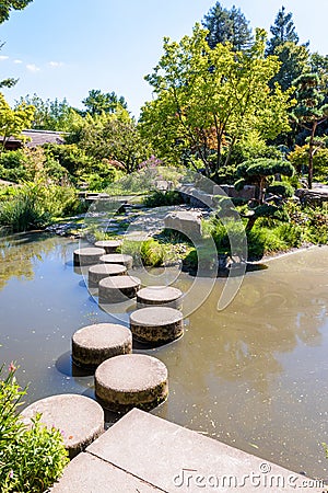 Japanese garden on the island of Versailles in Nantes, France Editorial Stock Photo