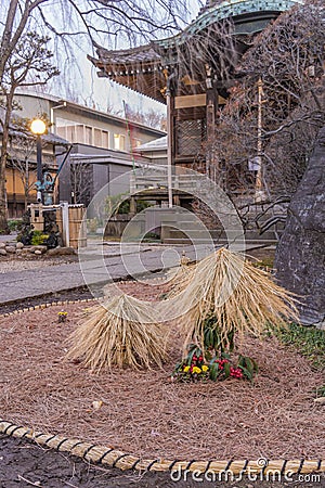 Japanese garden with mini yukitsuri straw winter decoration on a chritmas holly tree in the Tennoji Temple of Tokyo Editorial Stock Photo