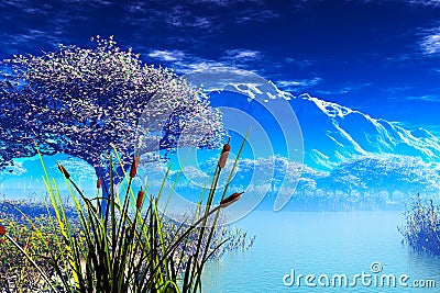 Japanese Garden and the Mountain 3D render Stock Photo