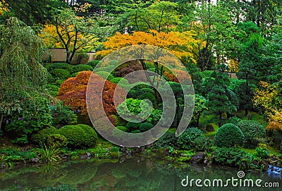 Japanese Garden, Portland Oregon - November 1-st 2014. Autumn colors in the fall. Editorial Stock Photo