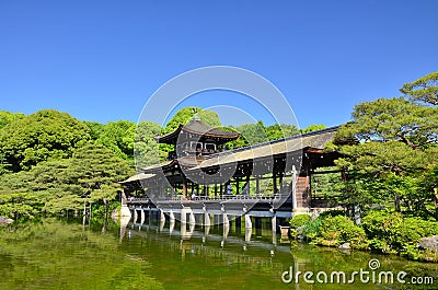 Japanese garden and the wooden bridge, Kyoto Japan. Editorial Stock Photo