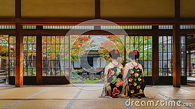 Japanese Geisha at in Colorful Autumn at Kenninji Temple in Kyoto Editorial Stock Photo