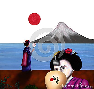 Japanese Geisha girls standing in front of the Fuji Mountain The Spirit of Asia II, 2018 Cartoon Illustration