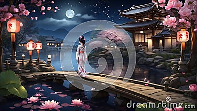 Japanese geisha in a kimono standing on the bridge near pond and temple night scene Stock Photo