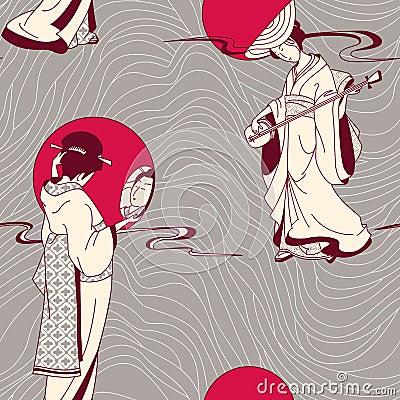 Japanese Geisha seamless pattern Vector Illustration