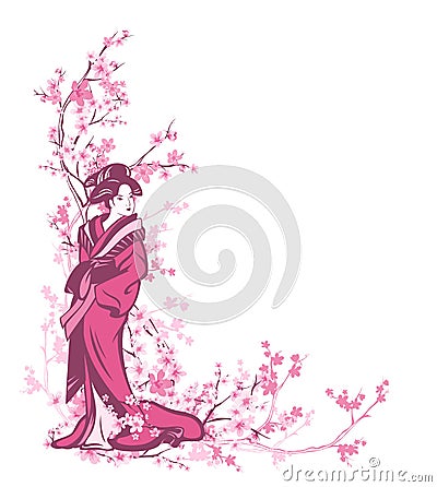 Japanese geisha wearing kimono under blooming sakura tree branches vector design Vector Illustration