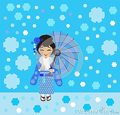 Japanese girl admires the falling snow Vector Illustration