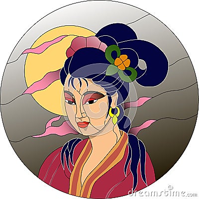 Japanese girl against moon background stained glass pattern Vector Illustration