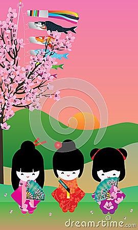 Japanese girl cherry tree Koinobori card Vector Illustration