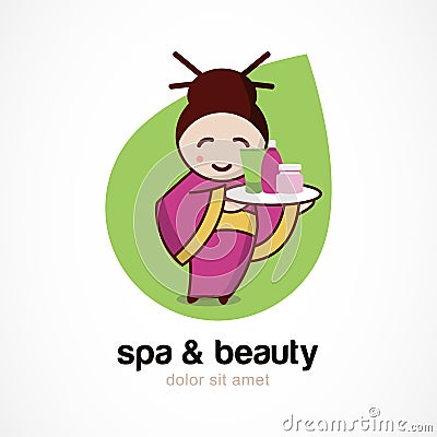 Japanese girl with cosmetic. Vector logo design template. Vector Illustration