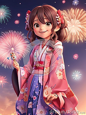 Japanese girl in kimono with fireworks in the night sky Cartoon Illustration