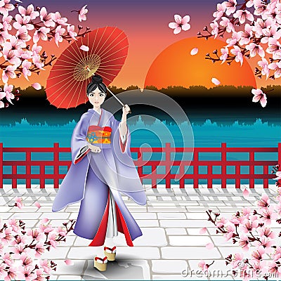 Japanese girl and natural scenic view Vector Illustration
