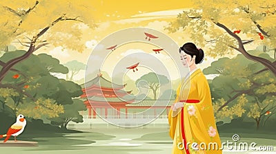 Japanese girl silhouette, sakura blossom, Stock Photo