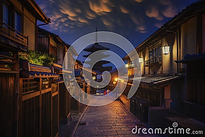 Japanese girl wearing the japanese traditional kimono at Yasaka Pagoda and Sannen Zaka Street Stock Photo