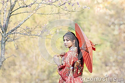 Japanese girl wearing a red kimono wearing a red umbrella. Beautiful Female wearing traditional japanese kimono with cherry Stock Photo