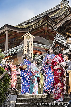 Japanese girls visiting Jishu-jinja Shrine Kyoto Editorial Stock Photo