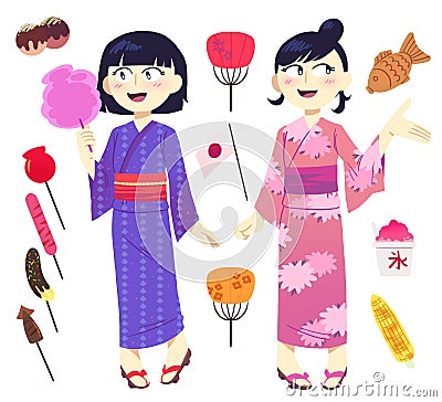 Japanese girls wearing yukata (summer kimonos) during midsummer festival and food set Stock Photo