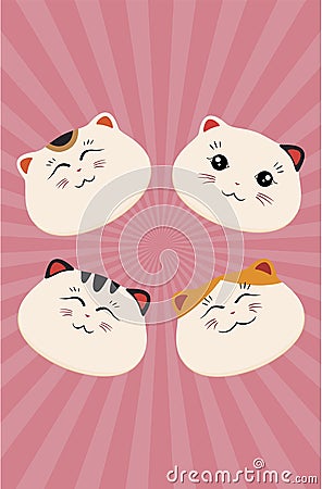 Japanese good luck cat smiling head pink striped poster design vector flat illustration Maneki Neko Vector Illustration