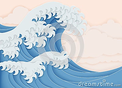 Japanese Great Wave Layered Paper Craft Style Vector Illustration