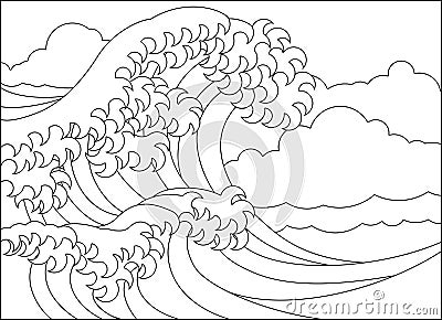 A Japanese Great Wave Outline Coloring Book Page Vector Illustration