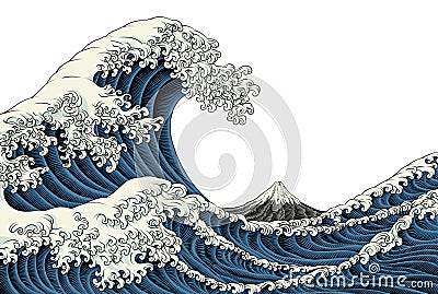 Japanese Great Wave Sea Japan Engraved Art Design Vector Illustration