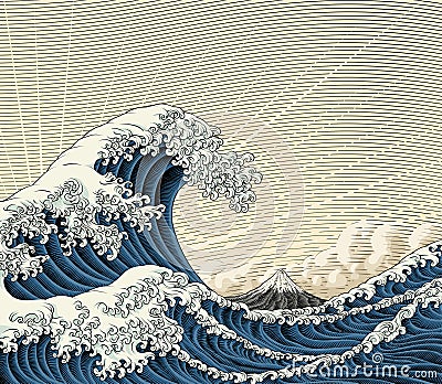 Japanese Great Wave Sea Japan Engraved Art Design Vector Illustration