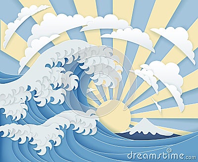 Japanese Great Wave Sunrise Layered Paper Craft Vector Illustration