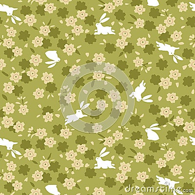 Japanese Green Cherry Blossom And Rabbit Pattern Vector Illustration