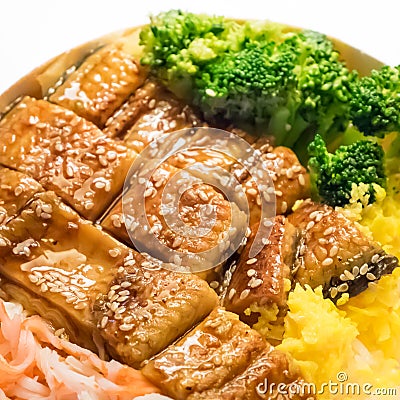 Japanese grilled eel and rice on bowl set. Stock Photo