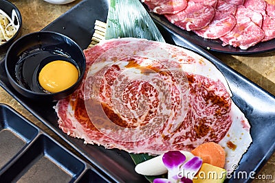 Japanese grilled marble meat, A5 Wagyu beef slice yakiniku, BBQ korean roast Stock Photo