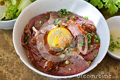 Japanese grilled meat on rice, Beef sliced yakiniku set, BBQ korean roast Stock Photo